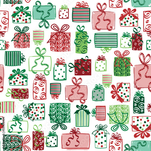 Christmas gifts seamless pattern. Holiday repeating pattern for gift wrap, cards, invitations, announcements, backgrounds, textile, crafts, scrapbooking and more. Seasonal vector illustration.