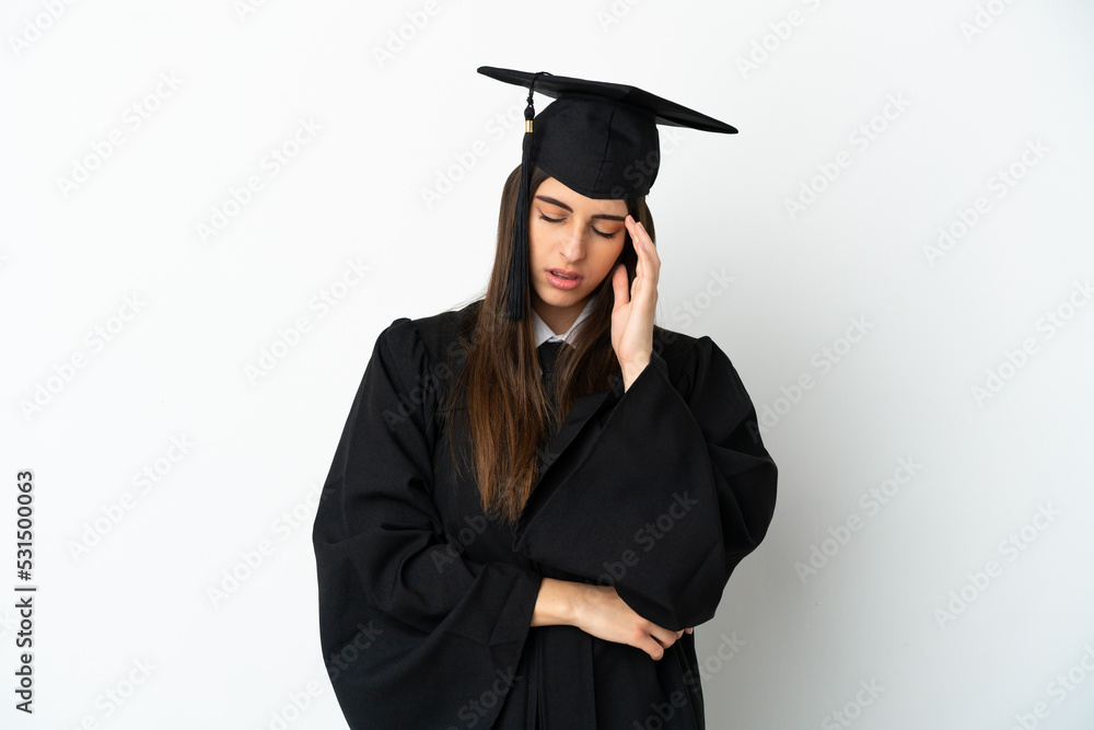 Young university graduate isolated on white background with headache Young university graduate isolated on white background with headache