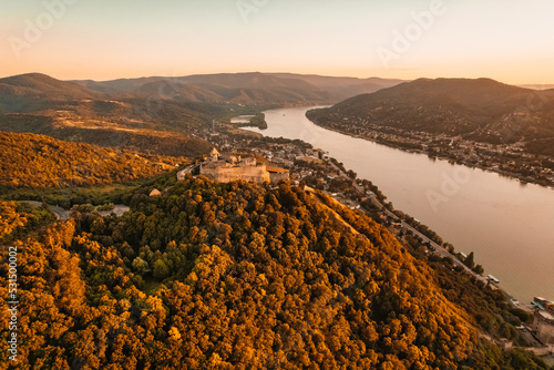 Aerial view about the Visegrad castle in Hungary, near to Danube river and slovakia. Hungarian name is Visegradi fellegvar. Discover the beauties of Hungary castle. photo