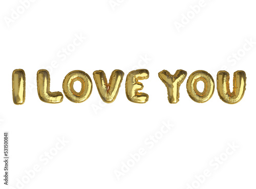 Gold air balloon word I LOVE YOU on transparent background