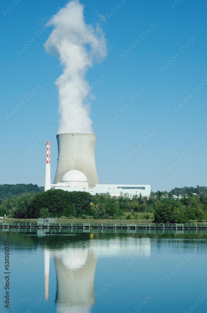 Nuclear power plant on the Rhine river bank. Leibstadt, Switzerland  
Smoke is rising from the cooling tower. It reflects on the water.