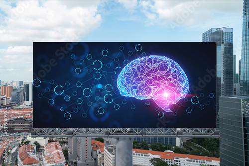 Brain hologram on billboard with Singapore cityscape background at day time. Street advertising poster. Front view. The largest science hub in Southeast Asia. Coding and high-tech science.