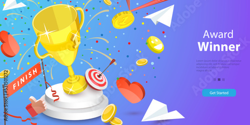3D Vector Conceptual Illustration of Award Winner, Golden Cup Trophy