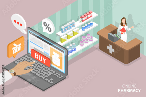 3D Isometric Flat Vector Conceptual Illustration of Digital Pharmacy Store, Online Prescription Delivery