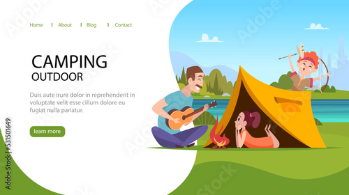 Camping landing. Kids on vacation outdoor relax family father playing on guitar spend time with kids near campfire swanky vector cartoon web page template