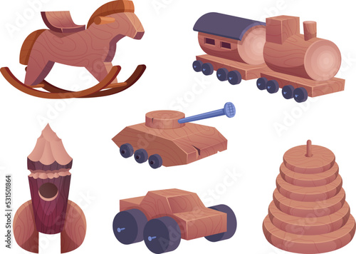 Wooden toys. Attraction for kids cars houses soldiers cubes exact vector toy collection isolated on white