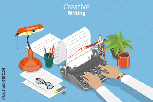 3D Isometric Flat Vector Conceptual Illustration of Creative Writing, Blog Articles Creation