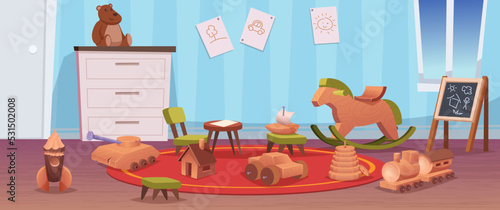 Kindergarten room. Playground home interior room for kinds with various wooden activity toys exact vector play time tools for happy childrens