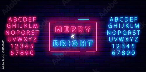 Merry and Bright neon signboard. Christmas emblem. Luminous blue and pink alhabet. Vector stock illustration