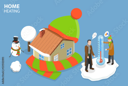 3D Isometric Flat Vector Conceptual Illustration of Home Heating, Energy Efficient House