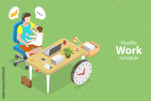 3D Isometric Flat Vector Conceptual Illustration of Flexible Work Schedule, Remote Job