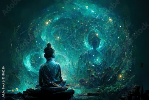 Buddha meditates in the infinite universe, illustration, generative Ai