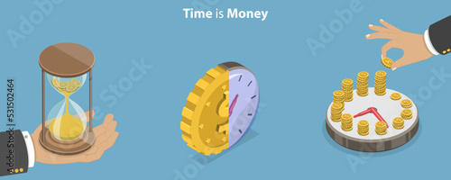 3D Isometric Flat Vector Conceptual Illustration of Time Is Money, Finanical Management and Planning