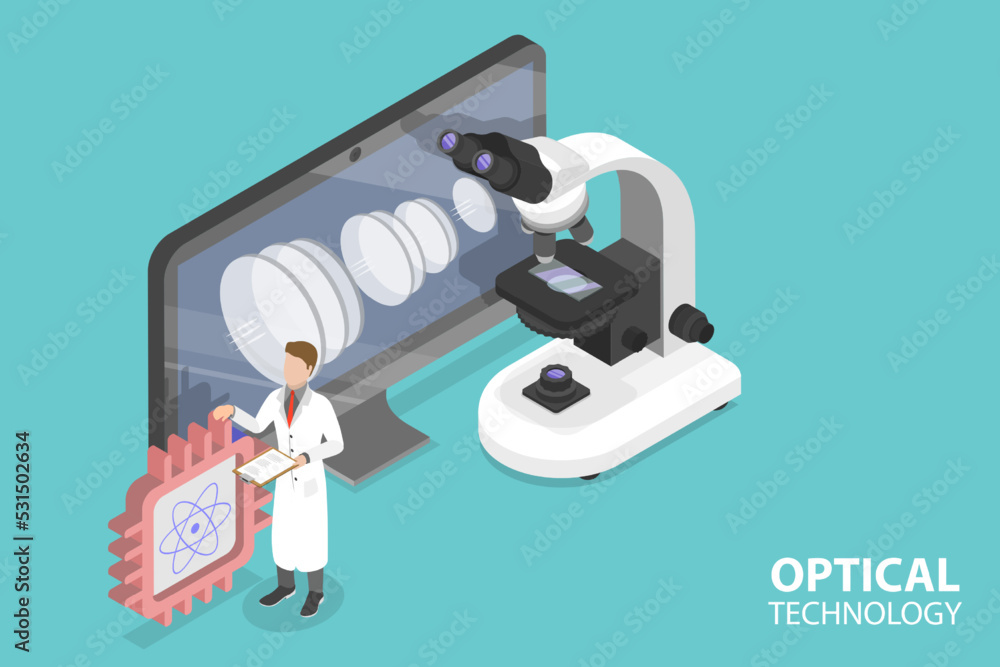 3D Isometric Flat Vector Conceptual Illustration of Optical Technology, Science and Research