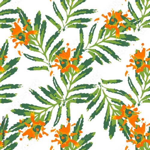 Green marigold leaves and orange flowers prints seamless pattern. Summer floral repeating texture. Handcrafted nature plant decoration for fabric design, wallpapers, wrapping paper and others. EPS8 ve