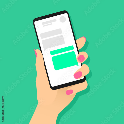 Female hand holding phone with chat messages. Speech bubbles on smartphone screen. Messaging mobile app concept. Woman using phone for online communication conversation. Stock vector EPS8 illustration