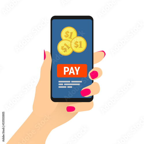 Female hand hold smartphone with pay message on screen. Woman showing cell phone with golden coins on display. Payment concept for online e-commerce. Flat vector EPS8 illustration.