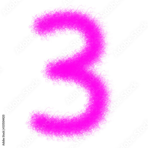 Pink furry number 3 isolated on a white background