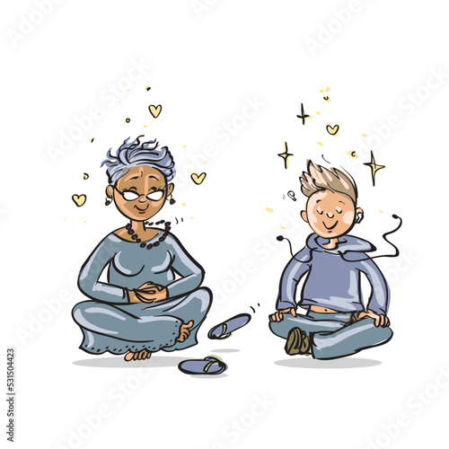 Meditating People. Cartoon vector drawing of a grandmother and her nephew practicing together. Funny cute characters or a different age.