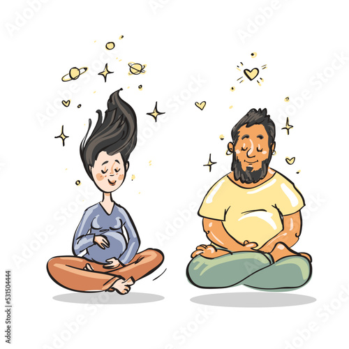 Meditating people. Cartoon vector illustration. Man and pregnant woman meditate together. Soul mates.