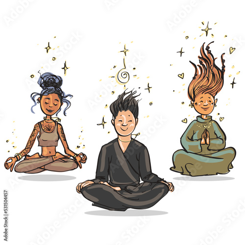 Meditating people. Cartoon vector illustration. Friends meditate together. Soul mates.