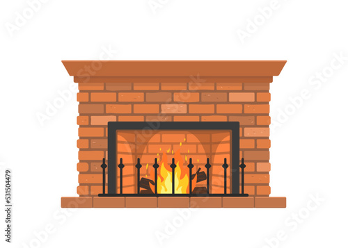 Retro fireplace isolated on white background. Home interior concept. Cartoon flat style. Vector illustration