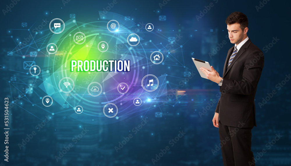 Businessman thinking about modern technology Businessman thinking about modern technology