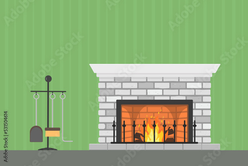 Retro fireplace with accessories on wall background. Home interior concept. Cartoon flat style. Vector illustration