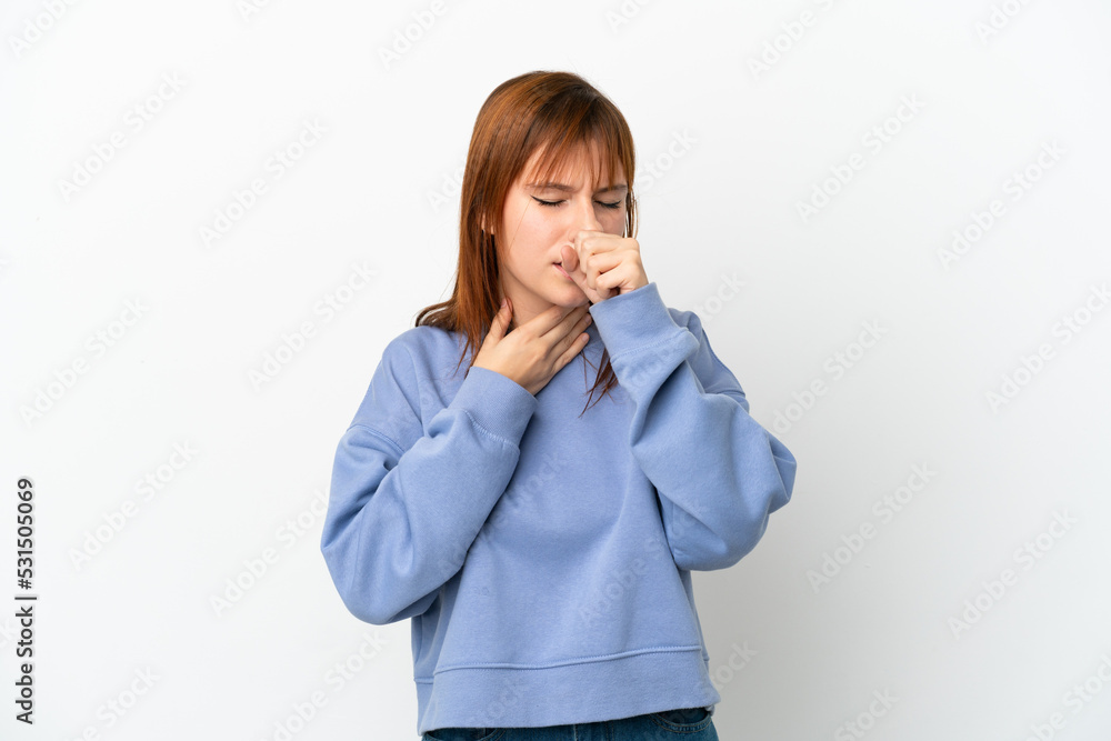 Redhead girl isolated on white background coughing a lot Redhead girl isolated on white background coughing a lot