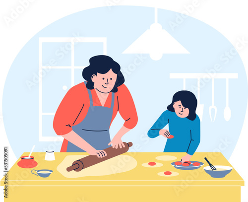 Mom and daughter on kitchen at home bake cake. Motherhood, young girl learning cooking with mother. Vector recent female in apron preparation dinner