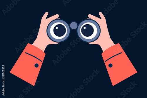 Binocular in hands. Looking and explore, searching through binoculars. Hand holding glasses with cartoon eyes. Hr or vision recent vector concept