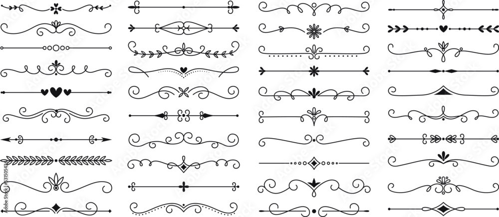 Line text borders and delimiters frames. Royal flourishes ornate vintage typographical elements for letters, invitations. Calligraphic dividers racy vector set