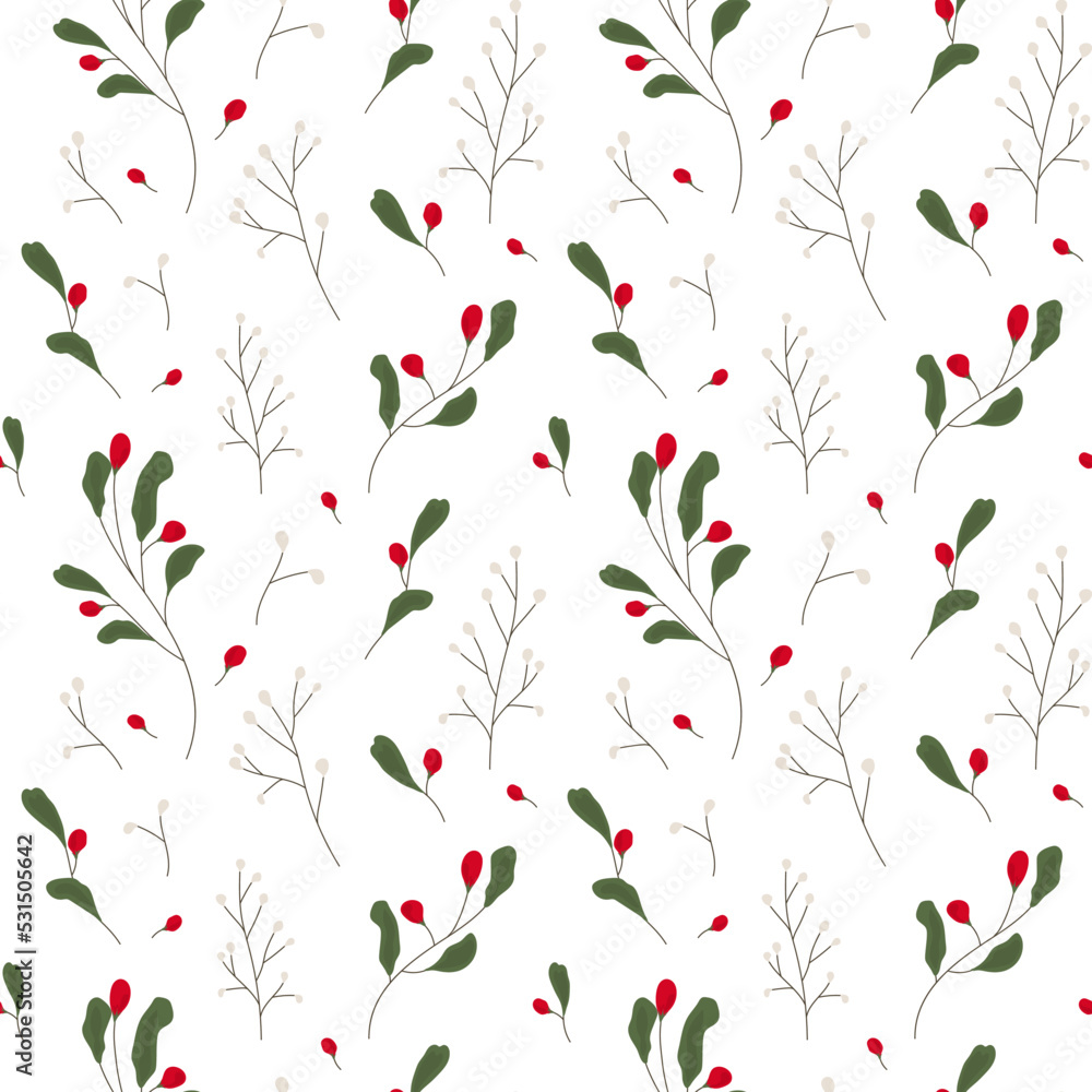 Seamless vector pattern with twigs and red corners. Winter autumn pattern in scandinavian style. Hand-drawn for print, fabric, postcards, decorations.