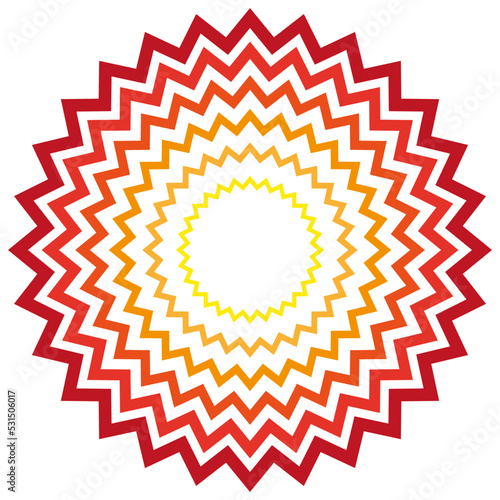Colorful design element, shape, spiky star, sun. Zig zag lines. Isolated png illustration, transparent background for mark making, pattern, texture, overlay, montage, collage, brush, stamp.