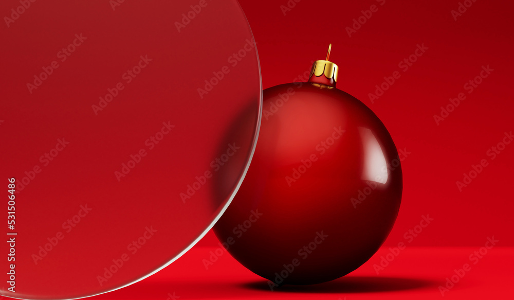 Christmas festive background. Red bauble decorations with a blank frosted glass banner. 3D Rendering Christmas festive background. Red bauble decorations with a blank frosted glass banner. 3D Rendering