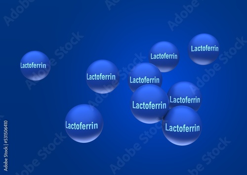 Abstract particles of lactoferrin in the form of blue balls with the inscription lactoferrin on a blue background. 3d rendering, medical illustration