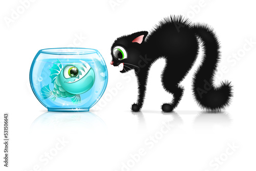 Black fluffy funny cartoon cat is shocked that the angler fish is in the aquarium