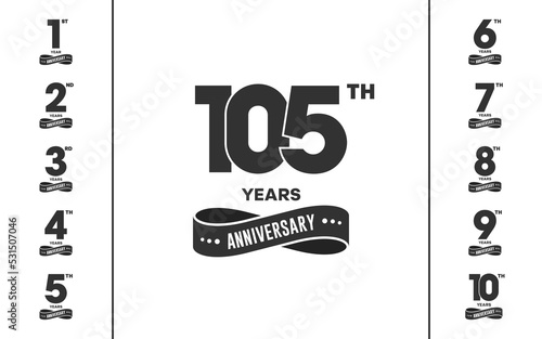 Set of anniversary logotype with black ribbon. Golden anniversary celebration design for booklet, leaflet, brochure, poster, web, invitation or greeting card. Vector illustration.
