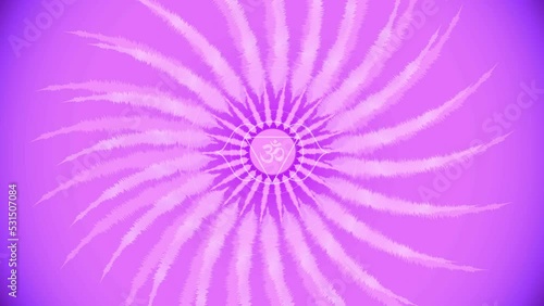 Third Eye visual for Om chant, featuring Agna and Sanskrit Aum graphics. Rotating, mesmerising meditative sound wave petals in calm violet, peaceful purple and pink with divine radiating white light.  photo