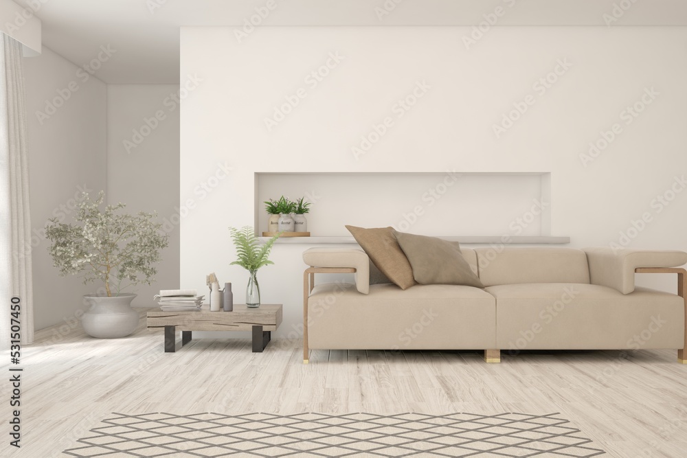 Fototapeta premium White living room with sofa. Scandinavian interior design. 3D illustration