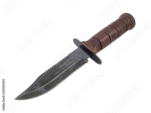 Canvastavla Rusty old hunting knife with leather handle isolated.