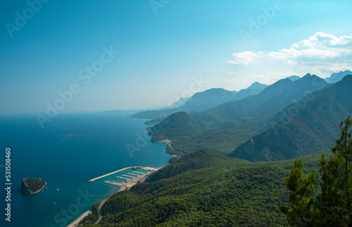 Panorama of Antalya (Turkey) overlooking the coast, view from Mount Tunektepe (Tunektepe Teleferik) on a summer day, under blue sky