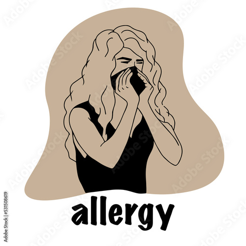 girl sneezes from allergies, has contracted virus, covers her face with napkin. woman coughs with flu, colds, infections, seasonal allergies. curly-haired sweet woman. Doodle style