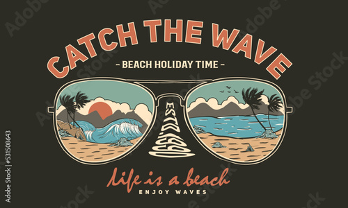Beach wave with sunglass vector t-shirt design. summer vibes artwork design. Palm tree vector.