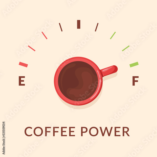 Coffee fuel. Caffeine refuel gauge concept, cup power gas meter cafe fuelin speedometer, idea powerful morning caffeinated booster, hot drink poster design vector illustration