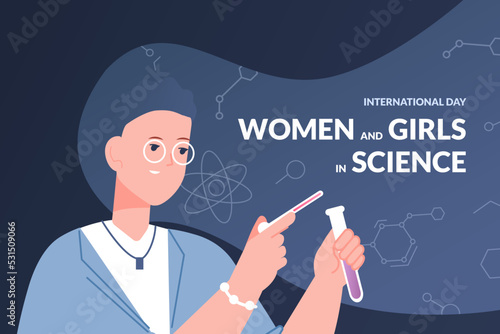 Day of women scientist. International celebration girl in science, young woman laboratory success career biology physics chemistry pharmacy research talent head vector illustration