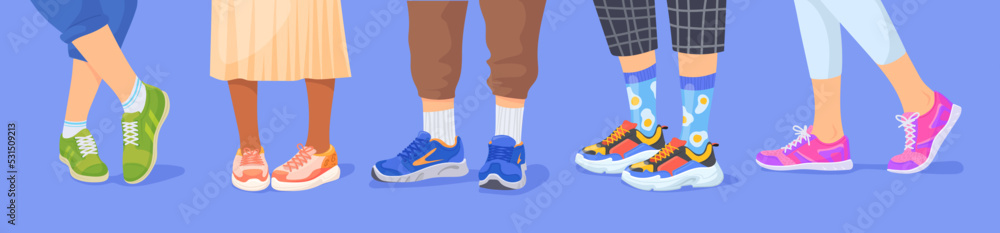 Legs in sneakers. Man woman leg wearing footwear, human feet at comfortable model trend shoe, fashion 90s lifestyle stylish colorful socks leather sneaker, neat vector illustration