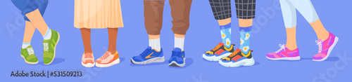 Legs in sneakers. Man woman leg wearing footwear, human feet at comfortable model trend shoe, fashion 90s lifestyle stylish colorful socks leather sneaker, neat vector illustration