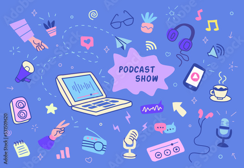 Doodle podcast. Audio podcasters equipment, broadcasting advertising design content, headphone laptop coffee mic radio music equiliser recording studio, swanky vector illustration