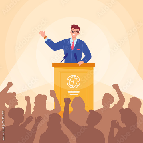 Politician speaker audience. Minister president government on podium speaking with voting people, public speech confident orator in conference tribune, swanky vector illustration